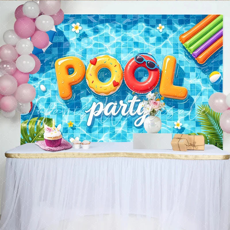 Lofaris Vibrant Blue Summer Pool Party Photography Backdrop with Inflatable Letters and Tropical Leaves Fun Celebration Background