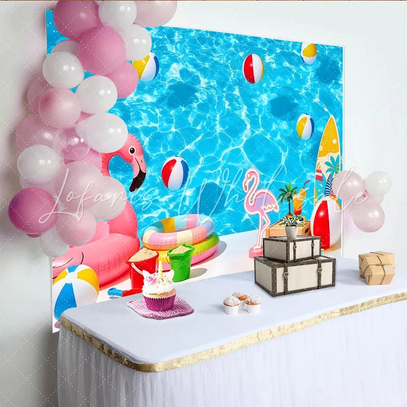 Lofaris Vibrant Blue Summer Pool Photography Backdrop with Flamingo and Beach Balls Tropical Vacation Background for Photoshoot