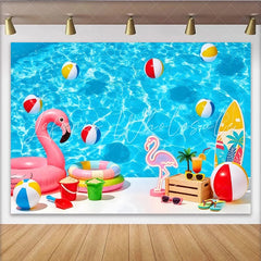 Lofaris Vibrant Blue Summer Pool Photography Backdrop with Flamingo and Beach Balls Tropical Vacation Background for Photoshoot