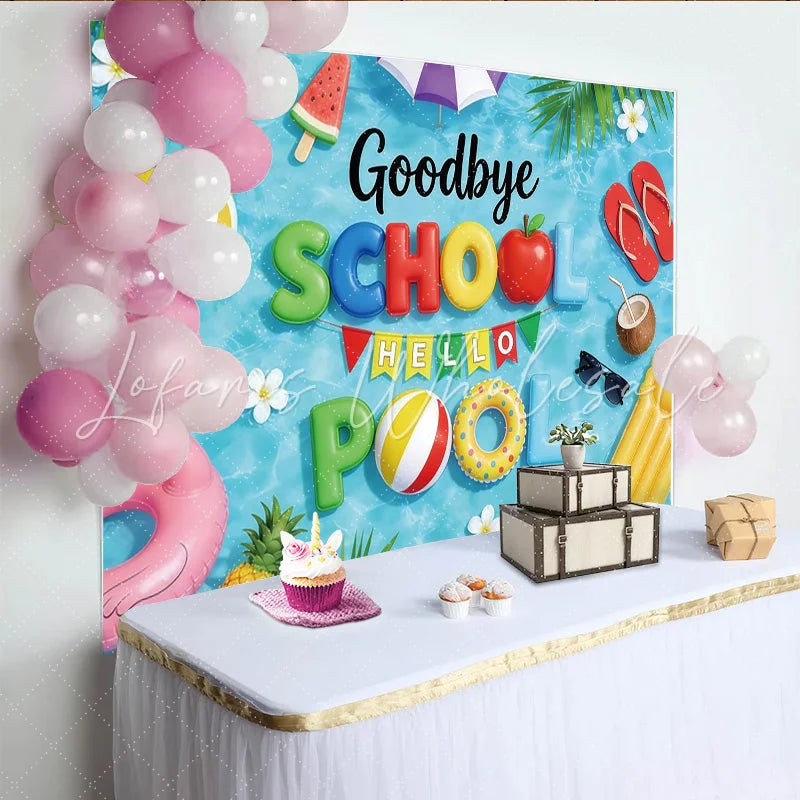 Lofaris Vibrant Blue Water Goodbye School Hello Pool Backdrop with Summer Inflatables Fun Beach Party Background for Kids Photoshoot