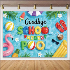 Lofaris Vibrant Blue Water Goodbye School Hello Pool Backdrop with Summer Inflatables Fun Beach Party Background for Kids Photoshoot