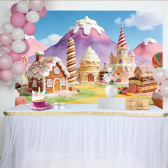 Lofaris Vibrant Candy Land Birthday Backdrop with Gingerbread House and Castle Sweet Fantasy Party Background for Kids Photoshoot