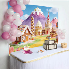 Lofaris Vibrant Candy Land Birthday Backdrop with Gingerbread House and Castle Sweet Fantasy Party Background for Kids Photoshoot
