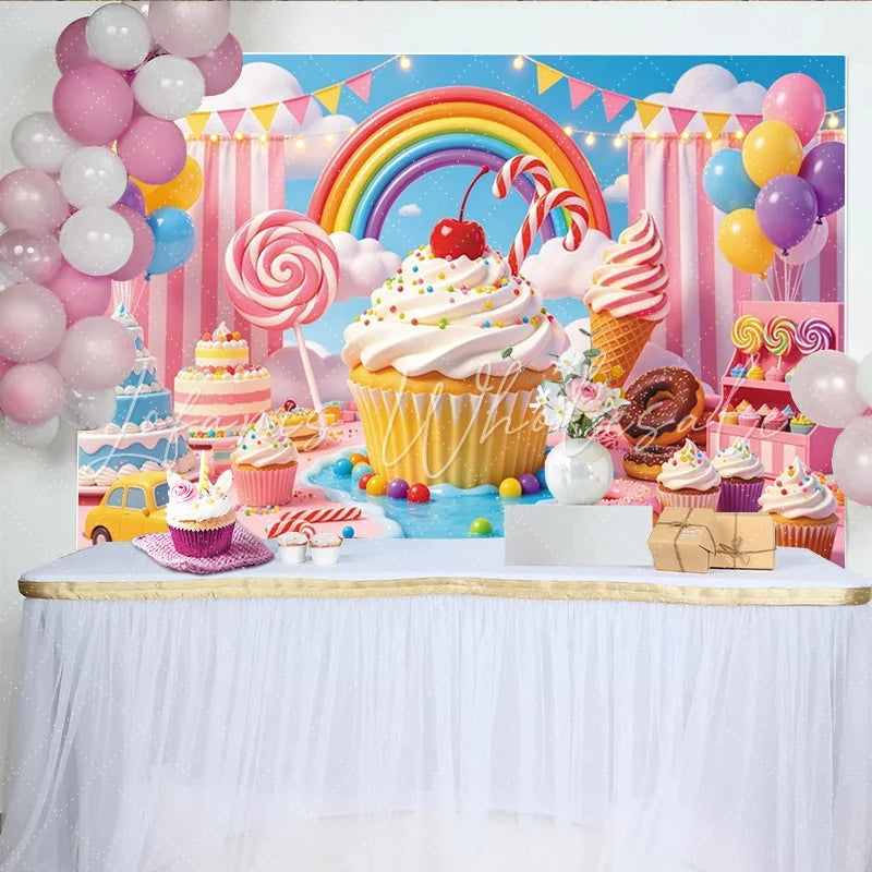 Lofaris Vibrant Candy Land Birthday Backdrop with Rainbow Cupcakes and Balloons Sweet Dessert Table Photography Background for Kids Party