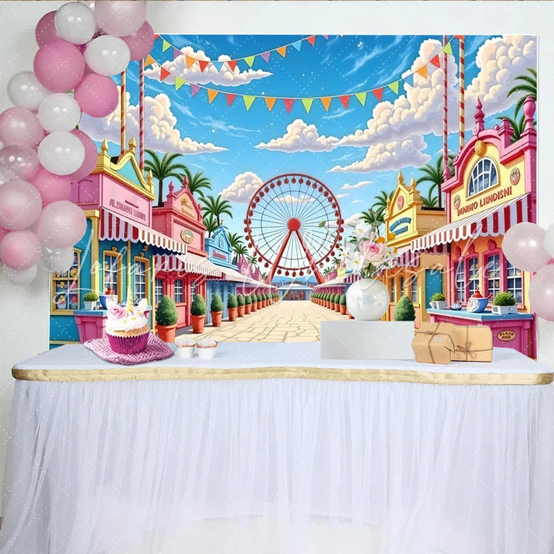 Lofaris Vibrant Cartoon Amusement Park Photography Backdrop Colorful Carnival Street Scene Background for Kids Party