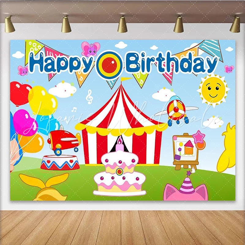 Lofaris Vibrant Cartoon Birthday Backdrop with Circus Tent and Airplanes Colorful Party Decor for Kids Photoshoot