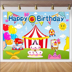 Lofaris Vibrant Cartoon Birthday Backdrop with Circus Tent and Airplanes Colorful Party Decor for Kids Photoshoot