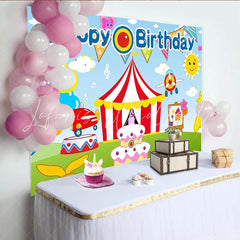 Lofaris Vibrant Cartoon Birthday Backdrop with Circus Tent and Airplanes Colorful Party Decor for Kids Photoshoot