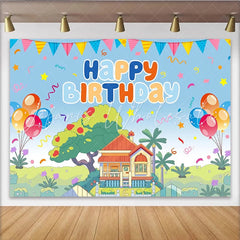 Lofaris Vibrant Cartoon Birthday Backdrop with Happy Birthday Balloons and Charming House Scene Party Decoration for Kids