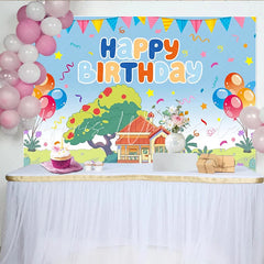 Lofaris Vibrant Cartoon Birthday Backdrop with Happy Birthday Balloons and Charming House Scene Party Decoration for Kids