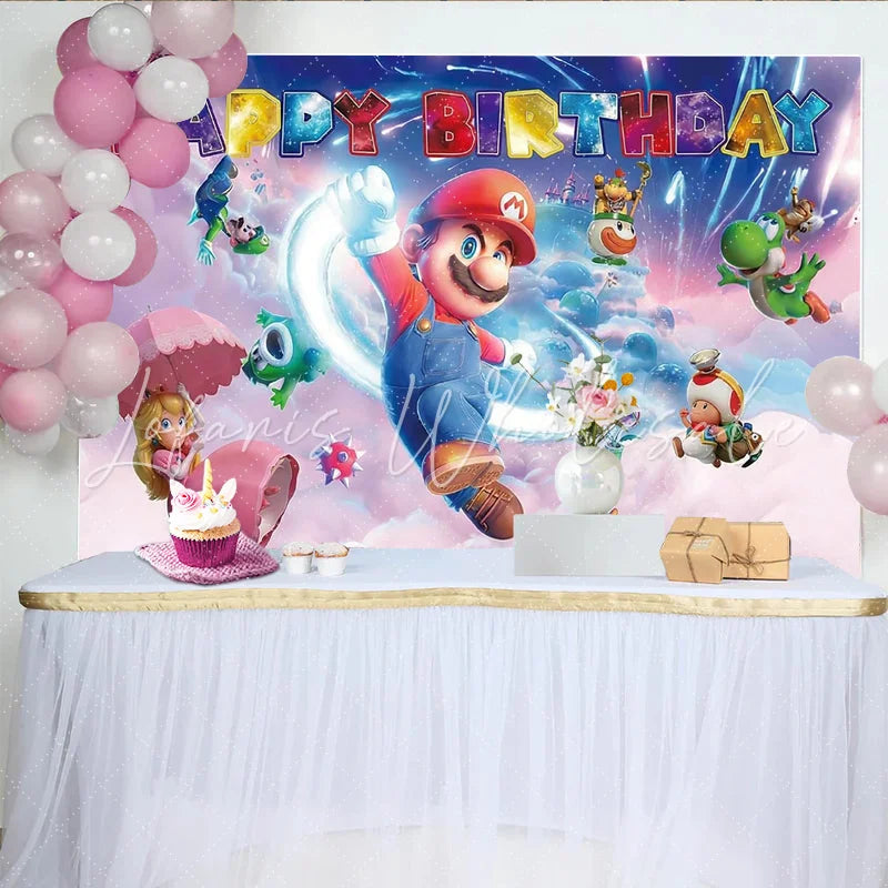 Lofaris Vibrant Cartoon Birthday Backdrop with Plumber Brothers and Princess Fun Video Game Theme Background for Kids Party Decoration.