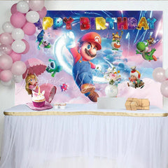 Lofaris Vibrant Cartoon Birthday Backdrop with Plumber Brothers and Princess Fun Video Game Theme Background for Kids Party Decoration.