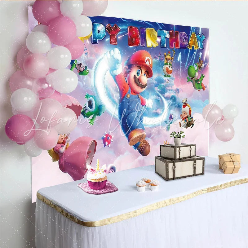 Lofaris Vibrant Cartoon Birthday Backdrop with Plumber Brothers and Princess Fun Video Game Theme Background for Kids Party Decoration.