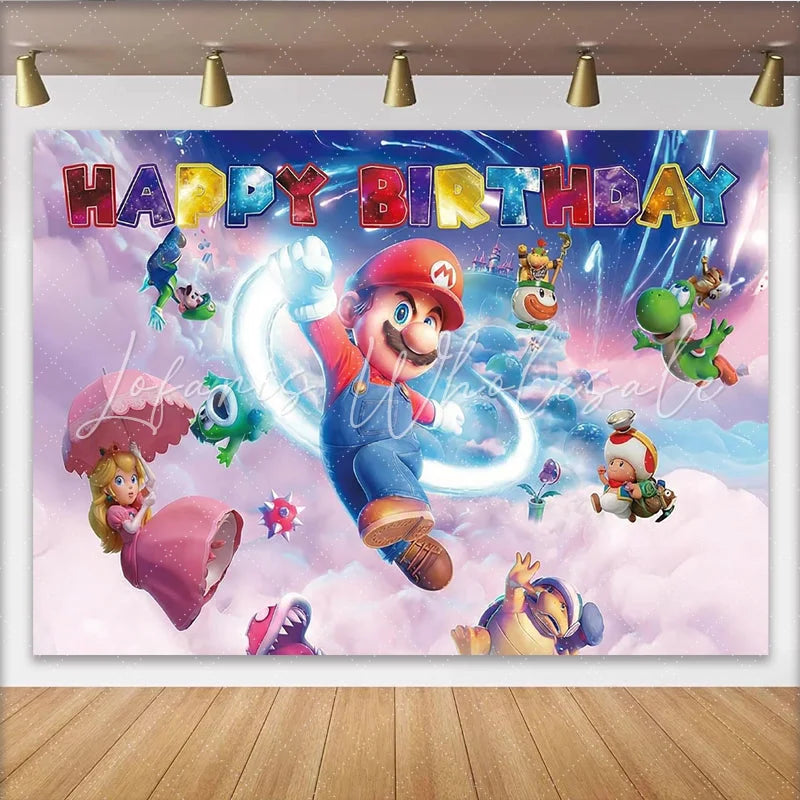 Lofaris Vibrant Cartoon Birthday Backdrop with Plumber Brothers and Princess Fun Video Game Theme Background for Kids Party Decoration.