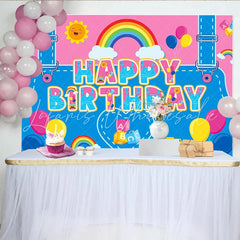 Lofaris Vibrant Cartoon Birthday Backdrop with School Bus Rainbow Fun Photo Background for Kids Party Decoration