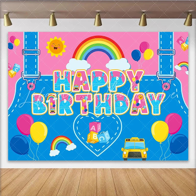 Lofaris Vibrant Cartoon Birthday Backdrop with School Bus Rainbow Fun Photo Background for Kids Party Decoration