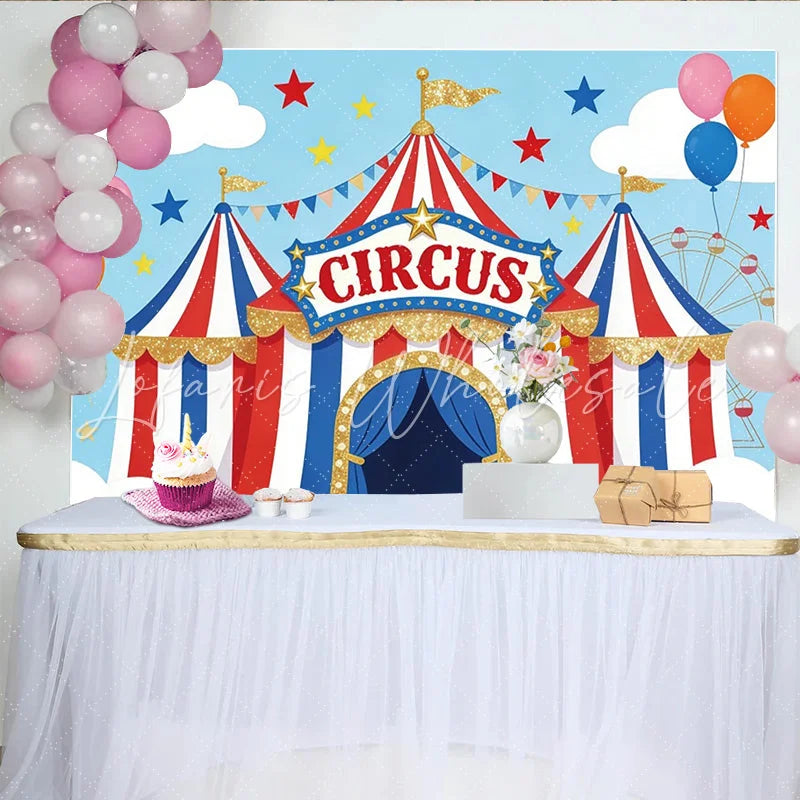Lofaris Vibrant Cartoon Circus Birthday Backdrop with Red White and Blue Tent Glitter and Balloons Fun Party Decor for Kids Photoshoot