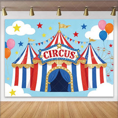 Lofaris Vibrant Cartoon Circus Birthday Backdrop with Red White and Blue Tent Glitter and Balloons Fun Party Decor for Kids Photoshoot