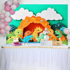 Lofaris Vibrant Cartoon Dinosaur Birthday Cake Smash Backdrop Prehistoric Jungle Cave Party Decor