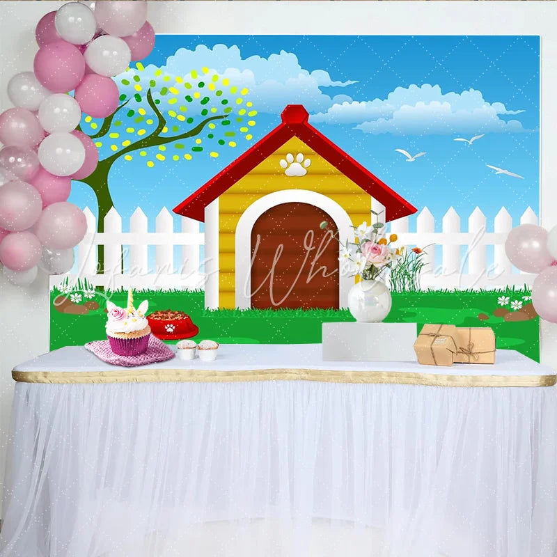 Lofaris Vibrant Cartoon Dog House Photography Backdrop Green Grass and Blue Sky Background for Pet Photoshoot