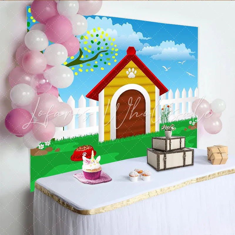Lofaris Vibrant Cartoon Dog House Photography Backdrop Green Grass and Blue Sky Background for Pet Photoshoot