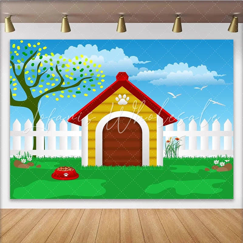 Lofaris Vibrant Cartoon Dog House Photography Backdrop Green Grass and Blue Sky Background for Pet Photoshoot