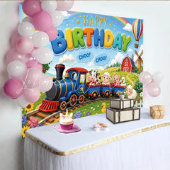 Lofaris Vibrant Cartoon Farm Animal Train Birthday Backdrop for Kids Green Field Photo Background with Hot Air Balloon and Windmill