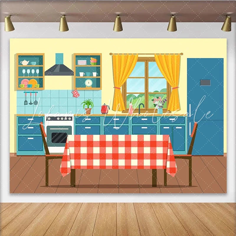 Lofaris Vibrant Cartoon Kitchen Photography Backdrop with Red and White Checkered Table Modern Interior Studio Background for Photoshoot