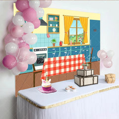 Lofaris Vibrant Cartoon Kitchen Photography Backdrop with Red and White Checkered Table Modern Interior Studio Background for Photoshoot