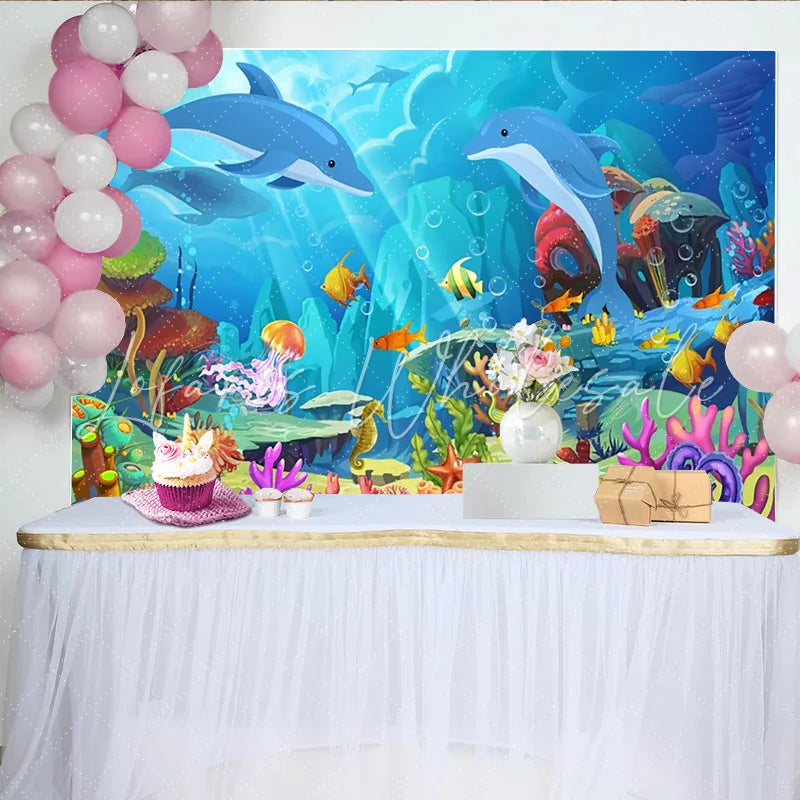 Lofaris Vibrant Cartoon Ocean Photography Backdrop with Dolphins and Colorful Fish Underwater Scene Background for Kids Party Photoshoot