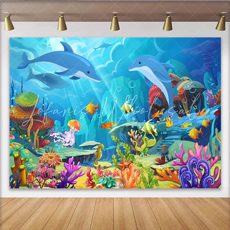 Lofaris Vibrant Cartoon Ocean Photography Backdrop with Dolphins and Colorful Fish Underwater Scene Background for Kids Party Photoshoot