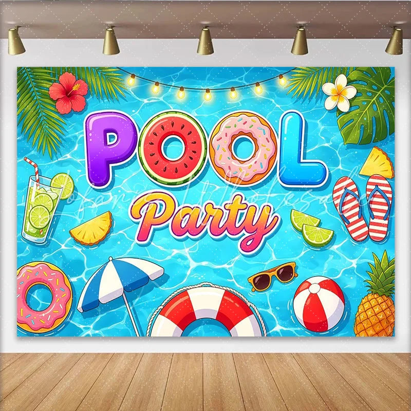 Lofaris Vibrant Cartoon Pool Party Backdrop with Summer Elements Fun Photography Background for Kids and Adults