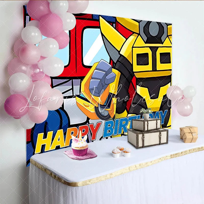 Lofaris Vibrant Cartoon Robot Birthday Backdrop with Happy Birthday Text Colorful Party Background for Kids Photoshoot and Decoration