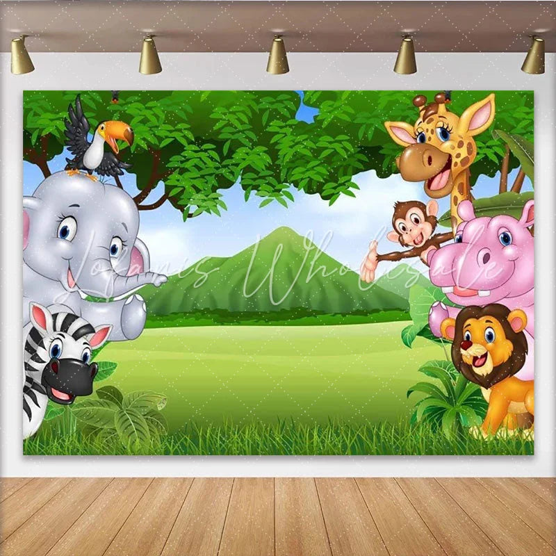 Lofaris Vibrant Cartoon Safari Photography Backdrop with Jungle Animals Green Landscape Background for Kids Party Photoshoot