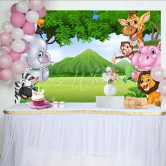 Lofaris Vibrant Cartoon Safari Photography Backdrop with Jungle Animals Green Landscape Background for Kids Party Photoshoot