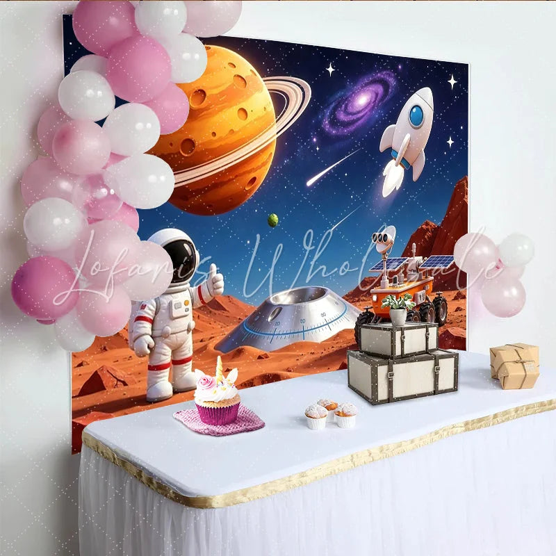 Lofaris Vibrant Cartoon Space Photography Backdrop with Astronaut and Planets Colorful Studio Background for Kids Party Decor