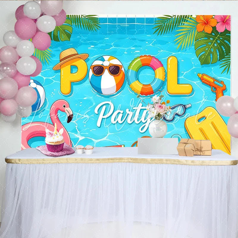 Lofaris Vibrant Cartoon Summer Pool Party Photography Backdrop Featuring Tropical Leaves and Fun Floats for Studio Photoshoot.