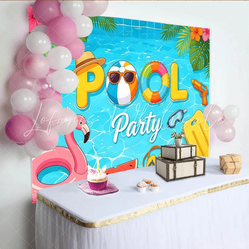 Lofaris Vibrant Cartoon Summer Pool Party Photography Backdrop Featuring Tropical Leaves and Fun Floats for Studio Photoshoot.