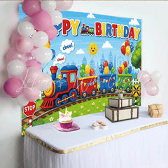 Lofaris Vibrant Cartoon Train Birthday Backdrop with Colorful Balloons Cheerful Photo Background for Kids Party Decor