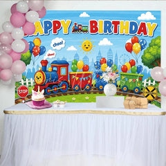 Lofaris Vibrant Cartoon Train Birthday Backdrop with Colorful Balloons Cheerful Photo Background for Kids Party Decor