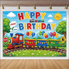 Lofaris Vibrant Cartoon Train Birthday Backdrop with Colorful Balloons Cute Railway Scene Background for Kids Party Decoration