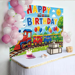 Lofaris Vibrant Cartoon Train Birthday Backdrop with Colorful Balloons Cute Railway Scene Background for Kids Party Decoration