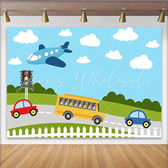Lofaris Vibrant Cartoon Vehicles Photography Backdrop with Airplane and School Bus Colorful Road Scene Background for Kids Photoshoot