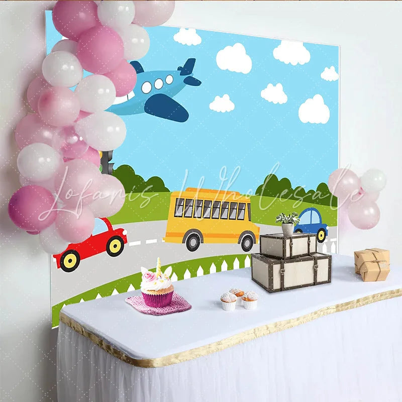 Lofaris Vibrant Cartoon Vehicles Photography Backdrop with Airplane and School Bus Colorful Road Scene Background for Kids Photoshoot