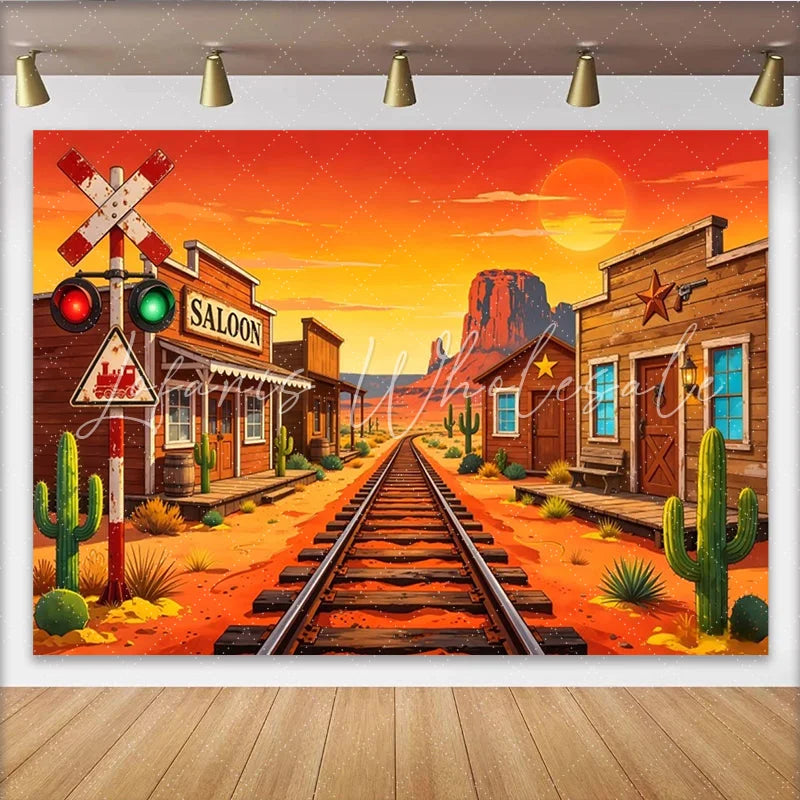 Lofaris Vibrant Cartoon Wild West Photography Backdrop with Desert Train Tracks and Saloon Sunset Cowboy Theme Background