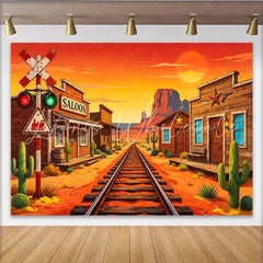 Lofaris Vibrant Cartoon Wild West Photography Backdrop with Desert Train Tracks and Saloon Sunset Cowboy Theme Background