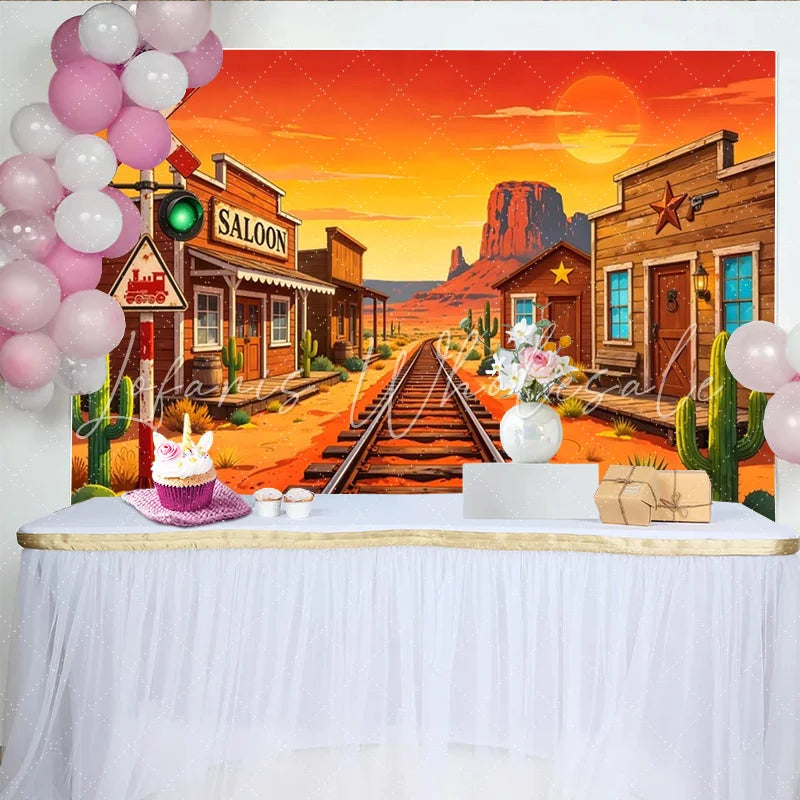 Lofaris Vibrant Cartoon Wild West Photography Backdrop with Desert Train Tracks and Saloon Sunset Cowboy Theme Background