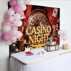 Lofaris Vibrant Casino Night Party Backdrop with Roulette Wheel Playing Cards and Poker Chips Red Curtain Event Decoration for Photography