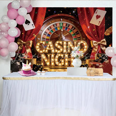 Lofaris Vibrant Casino Night Party Backdrop with Roulette Wheel Playing Cards and Poker Chips Red Curtain Event Decoration for Photography