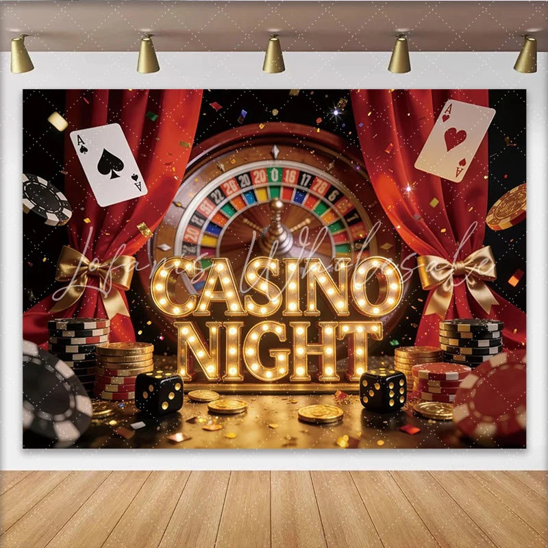 Lofaris Vibrant Casino Night Party Backdrop with Roulette Wheel Playing Cards and Poker Chips Red Curtain Event Decoration for Photography